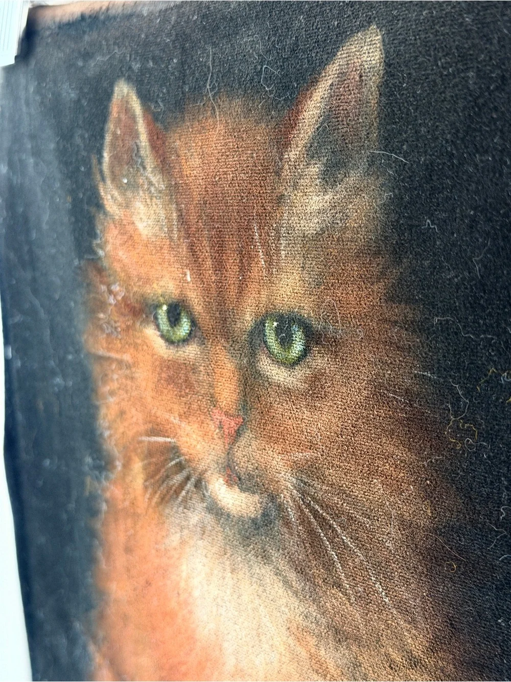 Vintage Signed IVY Orange Tabby Cat Portrait Black Velvet Textile Art